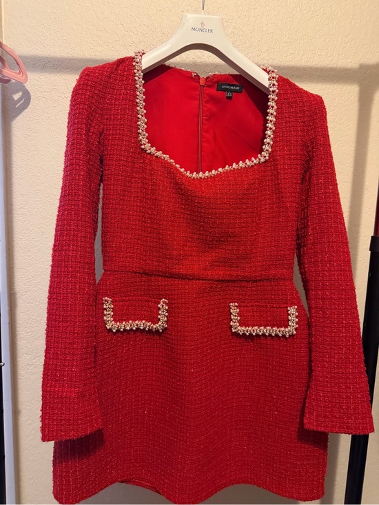 NADINE MERABI Dresses & Skirts - NADINE MERABI Red Tweed Pearl-Trim Long Sleeve Mini Dress